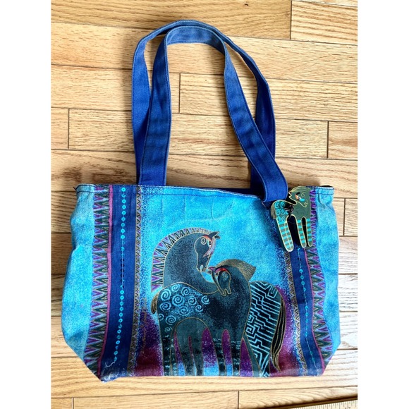 Laurel Burch Tote Bag Horses Folk Art Blue Sequins Zipper Closure - Picture 11 of 13